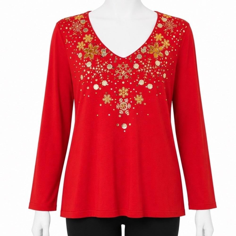 Vintage Jack B Quick Sweater Women XL Red Snowflake Beaded Long Sleeve Knit Top